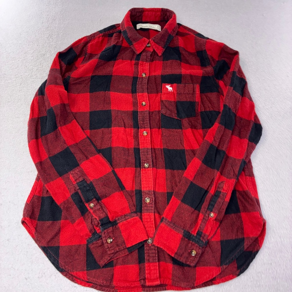 Abercrombie & Fitch Flannel Shirt Womens Small Red Black Buffalo Plaid Logo